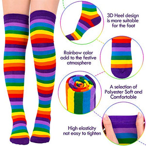 Whaline Rainbow Thick Knee High Socks Stripe Arm Warmer Gloves with 30 Pcs Gay Pride Tattoos for Women Girls Cosplay Party Accessory Parade Decoration, Rainbow Color, M