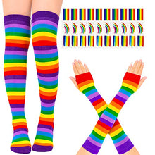 Load image into Gallery viewer, Whaline Rainbow Thick Knee High Socks Stripe Arm Warmer Gloves with 30 Pcs Gay Pride Tattoos for Women Girls Cosplay Party Accessory Parade Decoration, Rainbow Color, M