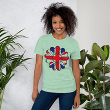 Load image into Gallery viewer, Union Jack t-shirt flower pattern, custom ladies t-shirt | j and p hats